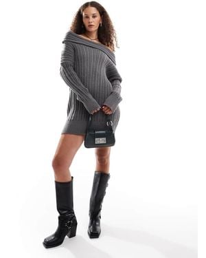 emory park Chunky Cable Knit Off-Shoulder Knitted Mini Dress - Grey