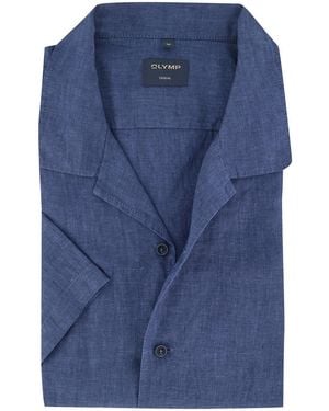 Olymp Overhemd Blauw Linnen Gemeleerd Korte Mouwen