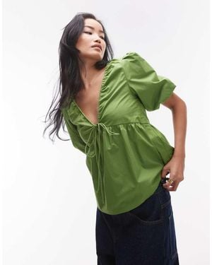 TOPSHOP Poplin Puff Sleeve Top - Green