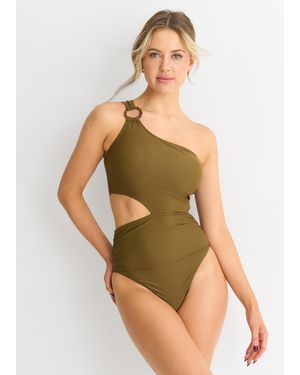 Gini London Olijf Eén Schouder Ring Detail Uitgesneden Zwempak - Groen