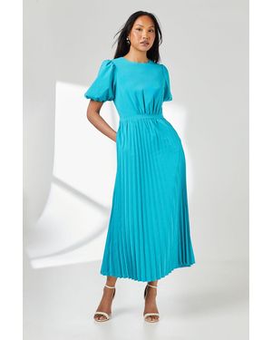 PRINCIPLES Pleated Skirt Puff Sleeve Midi Dress - Blue