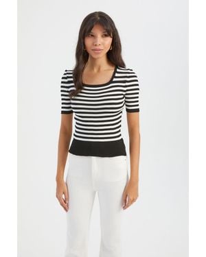 Hiccup Striped Square Neck Ribbed Short Sleeve Top - Black