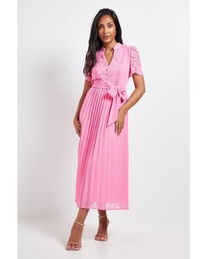 Wallis Petite Lace Collarless Pleated Midi Dress - Pink