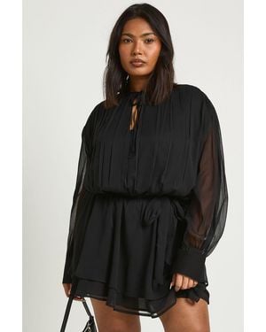 Boohoo Plus Chiffon Blouson Ruffle Tie Belt Skater Dress - Black