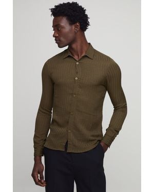 BoohooMAN Sheer Textured Pleat Muscle Fit Shirt - Brown