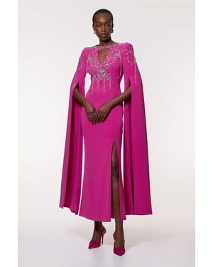 Karen Millen Crystal Embellished Cady Woven Cape Maxi Dress - Pink
