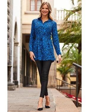 Sosandar Cobalt Print Tie Waist Longline Shirt - Blue