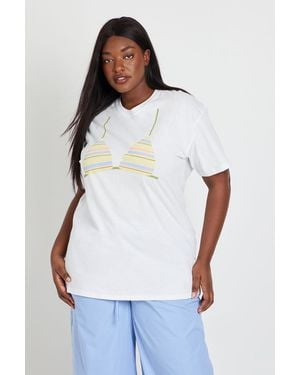 Boohoo Plus Stripey Bikini Print Oversized T-Shirt - White