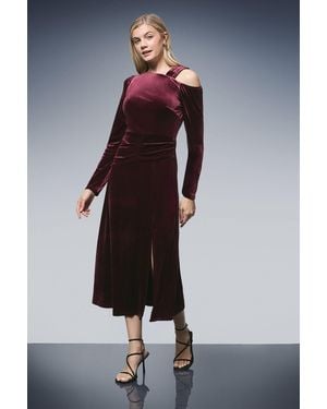 PRINCIPLES Asymmetric Neck Velvet Midi Dress - Blue
