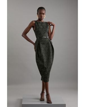 Karen Millen Jacquard Belted Pencil Tailored Midi Dress - Grey