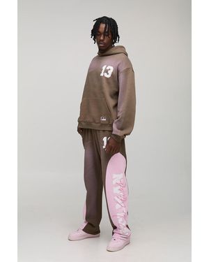 BoohooMAN Tall Oversized Boxy Spray Wash 13 Print Hoodie & Baggy Panel Jogger Tracksuit - Brown