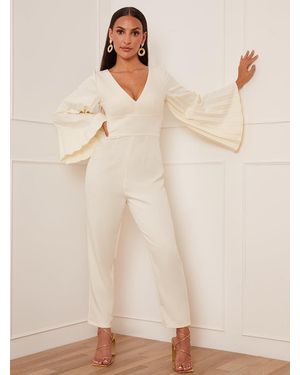 Chi Chi London Petite Long Sleeve Pleated Jumpsuit - Natural
