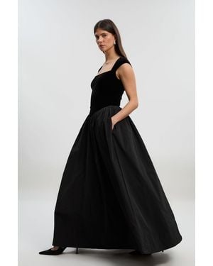 Karen Millen Velvet Bodice With Taffeta Drop Waist Maxi Dress - Black
