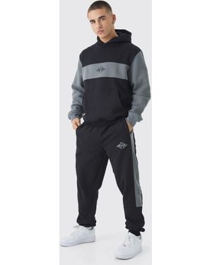 BoohooMAN Regular Fit Diamond Colour Block Hooded Tracksuit - Blue