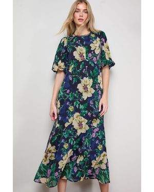 Oasis Puff Sleeve Trim Detail Panelled Tea Dress - Blue