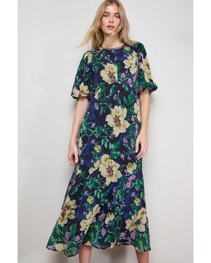 Oasis Puff Sleeve Trim Detail Panelled Tea Dress - Blue