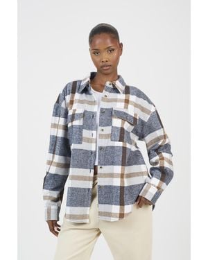 Brave Soul Check Print Long Sleeve Fleece Shirt - Blue