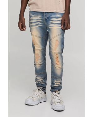 BoohooMAN Skinny Stretch Heavy Bleached Ripped Jeans - Blue