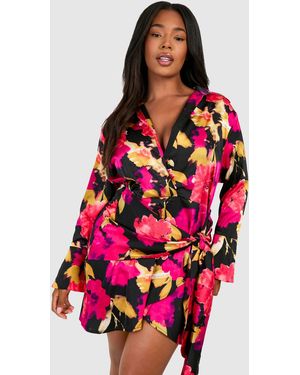 Boohoo Plus Tie Front Printed Satin Shirt Dress - Red