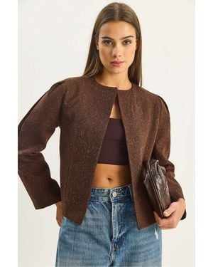 Bianco Lucci Textured Open Collar Lined Jacket - Brown