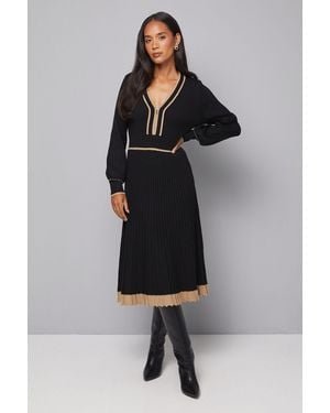 Wallis Zip Front Pleated Knitted Midi Dress - Black