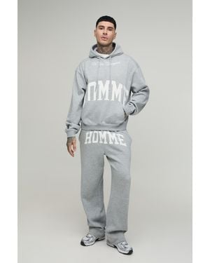 BoohooMAN Tall Oversized Boxy Homme Printed Hoodie & Straight Leg Tracksuit - Grey