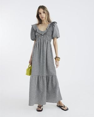 River Island Midi Dress Frill Gingham V-Neck - Grey
