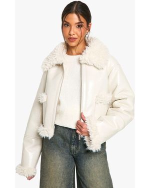 Boohoo Vinyl Faux Fur Trim Jacket - Natural