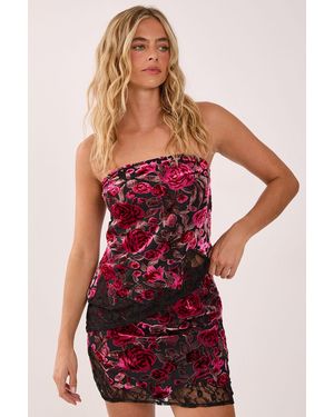 Nasty Gal Floral Devore Cutwork Lace Bandeau Asymmetric Top - Red