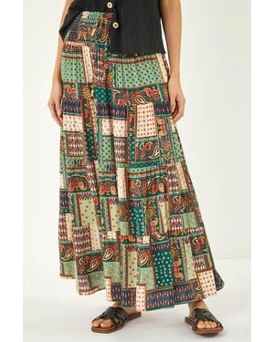 Roman Tile Print Shirred Maxi Skirt - Green