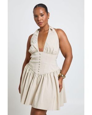 Boohoo Plus Bengaline Halterneck Button Down Skater Dress - Natural