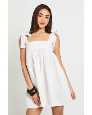 Boohoo Tie Shoulder Mini Smock Dress - White