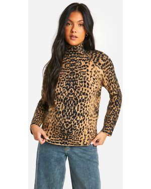 Boohoo Maternity Brushed Leopard Knitted Roll Neck Jumper - Brown