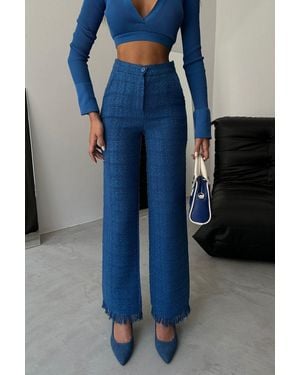 Hiccup Tweed High Waist Straight Leg Trousers With A Tassel Hem - Blue