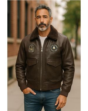 Infinity Leather Bomber Sheepskin Collar G-1 Aviator Jacket - Brown