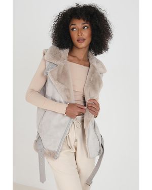 Brave Soul Light Faux Suede Aviator Gilet With Fur Lining - Natural
