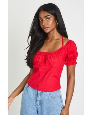 Boohoo Poplin Halterneck Milkmaid Top - Red
