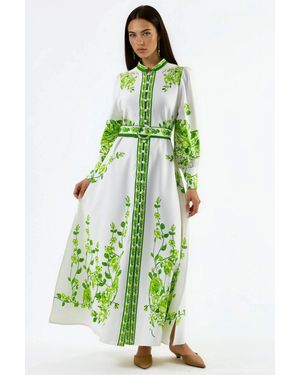 Msn-Collection Floral Long Sleeve Belted Maxi Dress With Mandarin Collar - Green