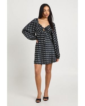 Boohoo Polka Dot Volume Sleeve Satin Mini Dress - Black