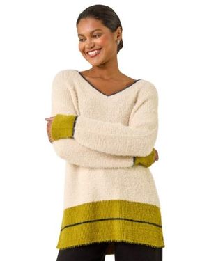 Roman Stripe Trim V-Neck Knit Jumper - Yellow