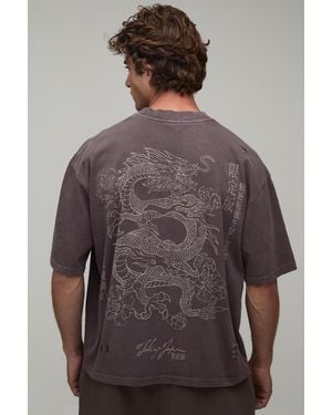 BoohooMAN Washed Oversized Boxy Dragon Print Distressed T-Shirt Cotton - Grey