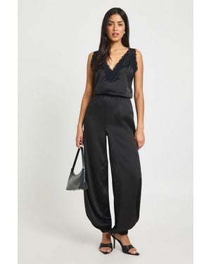 Boohoo Satin Lace Trim Hareem Trouser Jumpsuit - Black