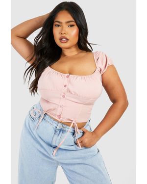 Boohoo Plus Milkmaid Puff Sleeve Bengaline Corset Top - Pink