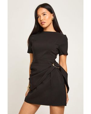 Boohoo Petite Belted Wrap Trim Detail Shift Dress - Black