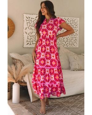 Azura Exchange Strawberry Geo Print V-Neck Maxi Dress - Pink