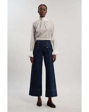 Karen Millen Denim Button Front Wide Leg Jeans - Blue