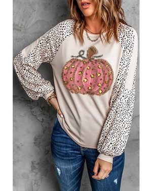 Azura Exchange Thanksgiving Pumpkin Graphic Leopard Raglan Sleeve Top - Grey