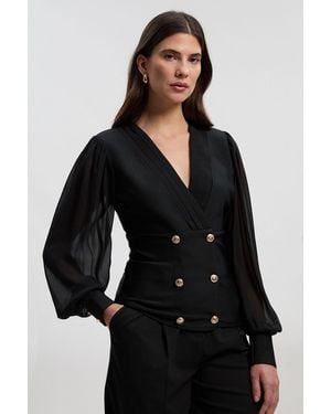 Karen Millen Figure Form Woven Mix Military Button Blazer Knit Top - Black