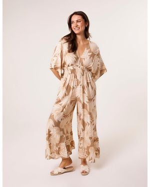 Blue Vanilla Printed Leaf Wide Leg Jumpsuit - Natural