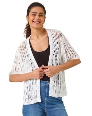 Roman Stitch Short Sleeve Knit Cardigan - White
